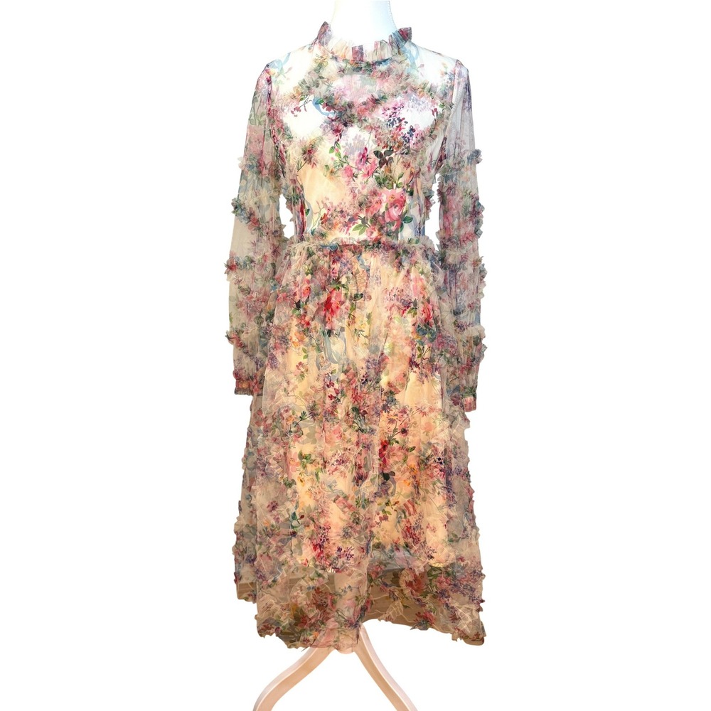 Floral Mesh Midi Dress Medium Pink Ruffle Trim Long Sleeve Fairycore Botanical